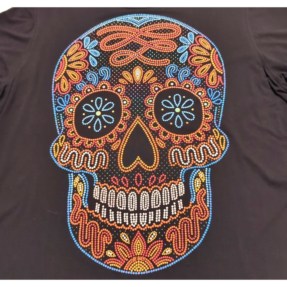 Sugar Skull Embellished T-Shirt Womens L Black/Multicolor Long Day of the Dead - Picture 2 of 13